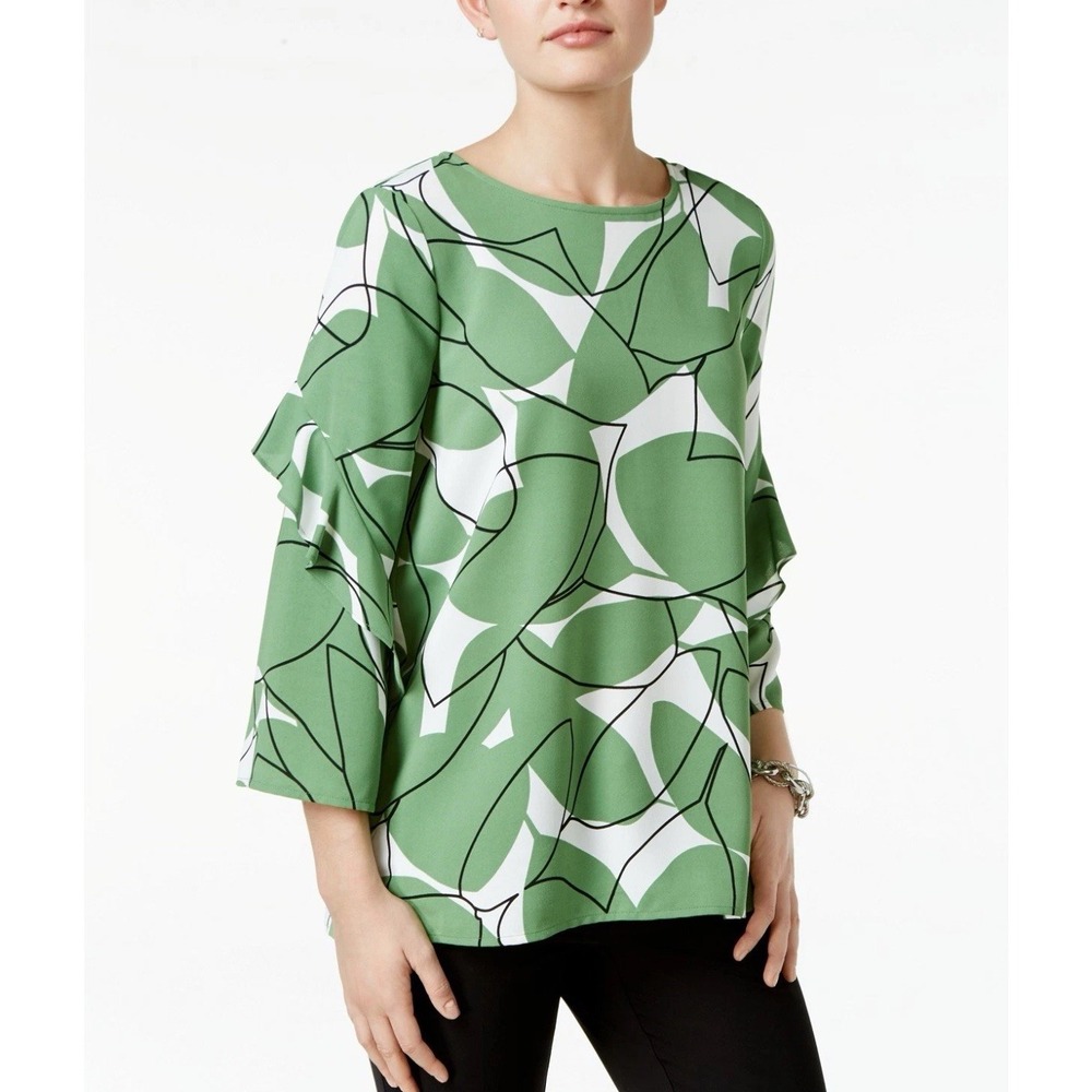 Alfani Printed Ruffled-Sleeve Zip-Back Top Green Crablike Leaves Size 12‎